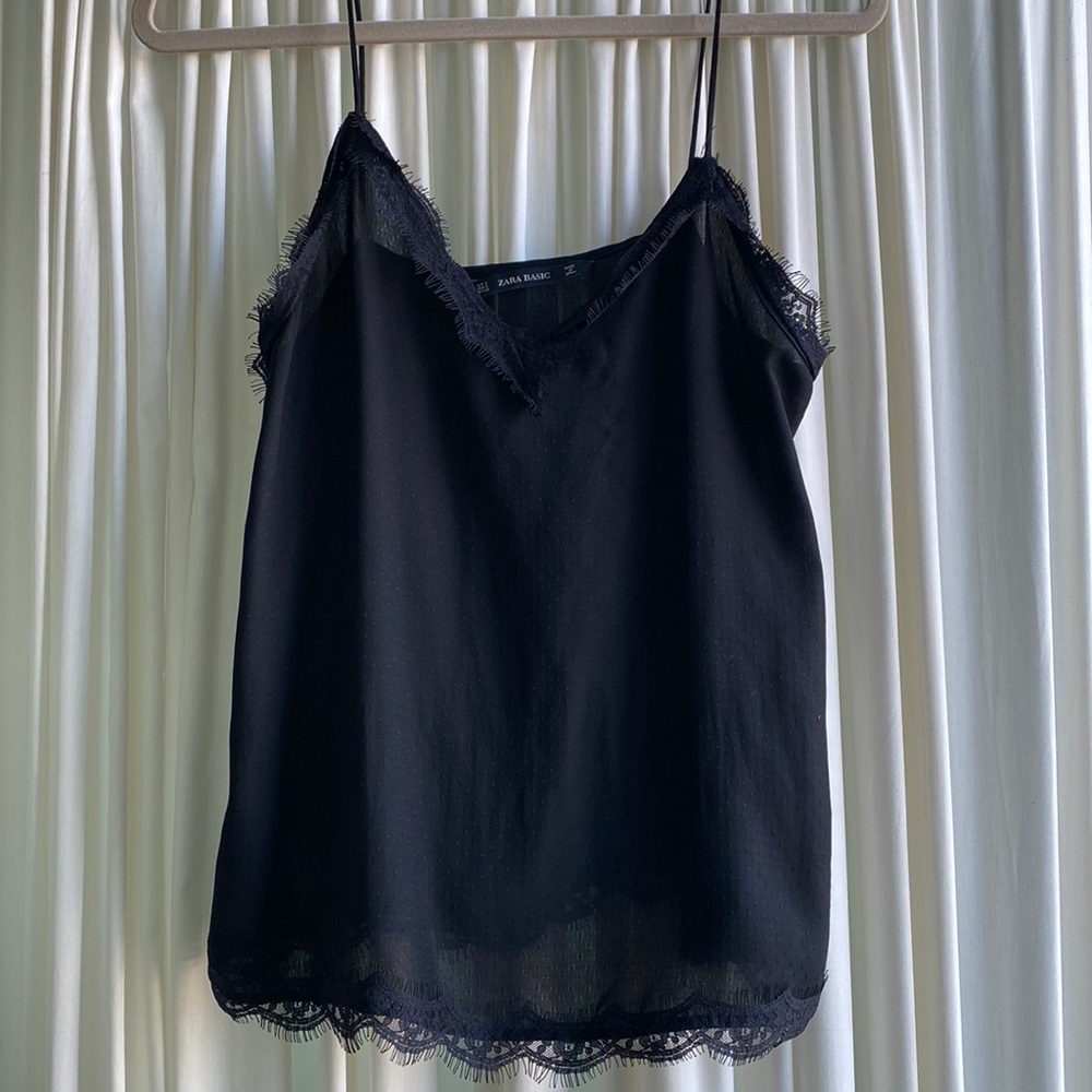 Zara Basic - black tank top with little dots & lace on the top / size small